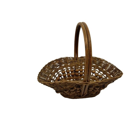 Large Vintage Willow Wicker Wood Bead Basket Handmade Rattan 16 inch - Picture 3 of 9
